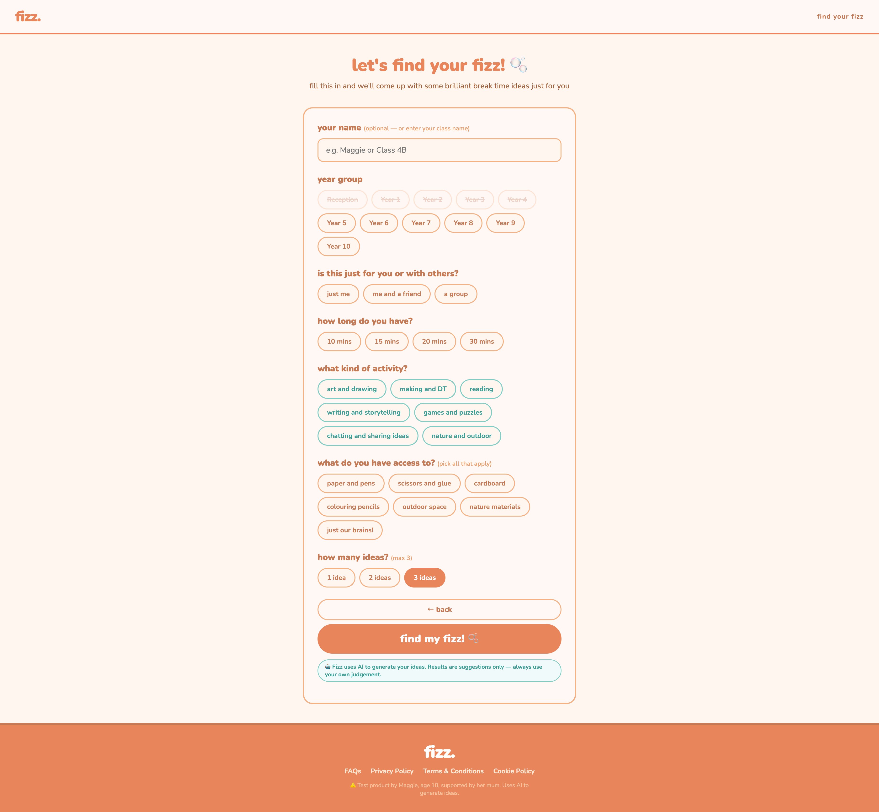 Fizz activity form for pupils
