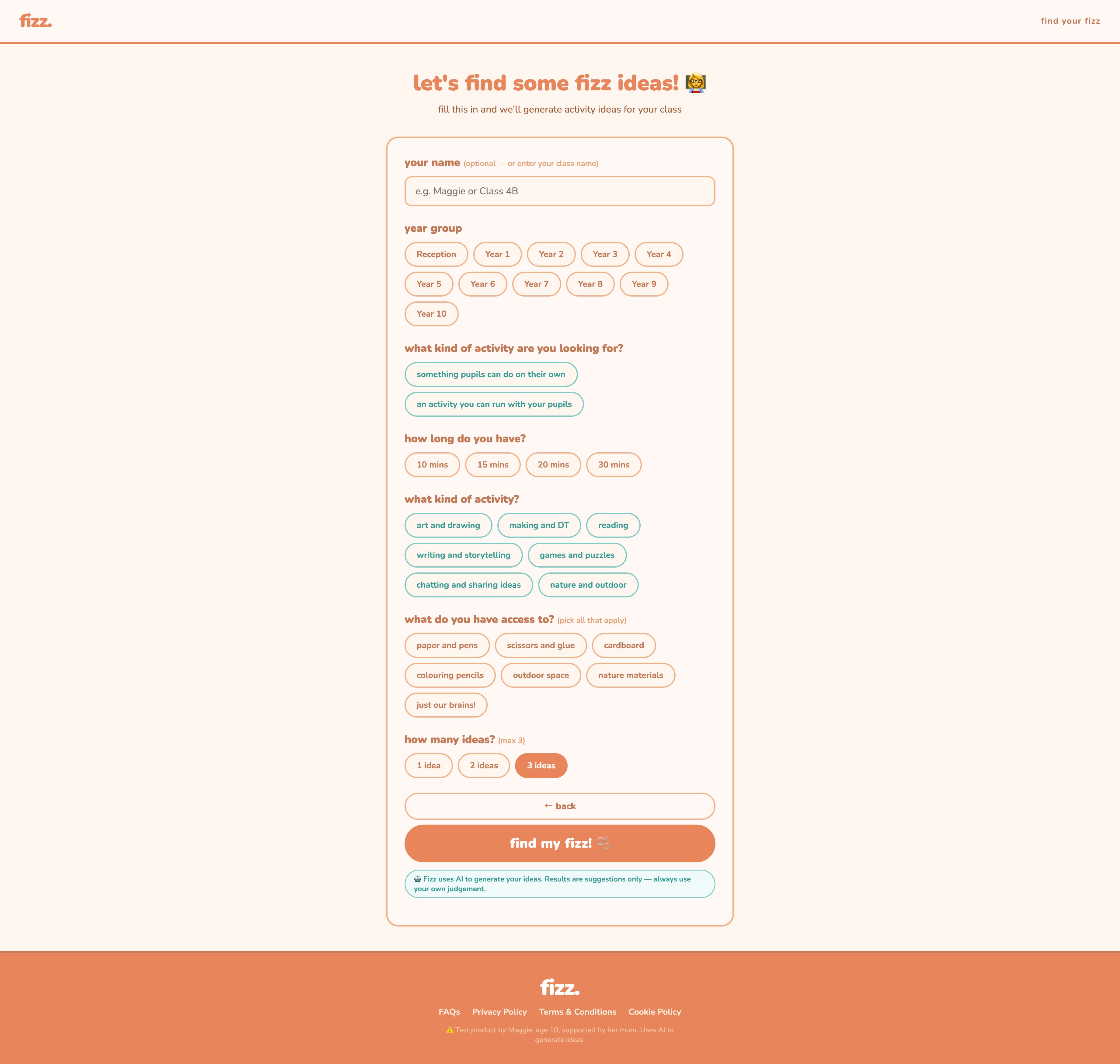Fizz activity form for teachers