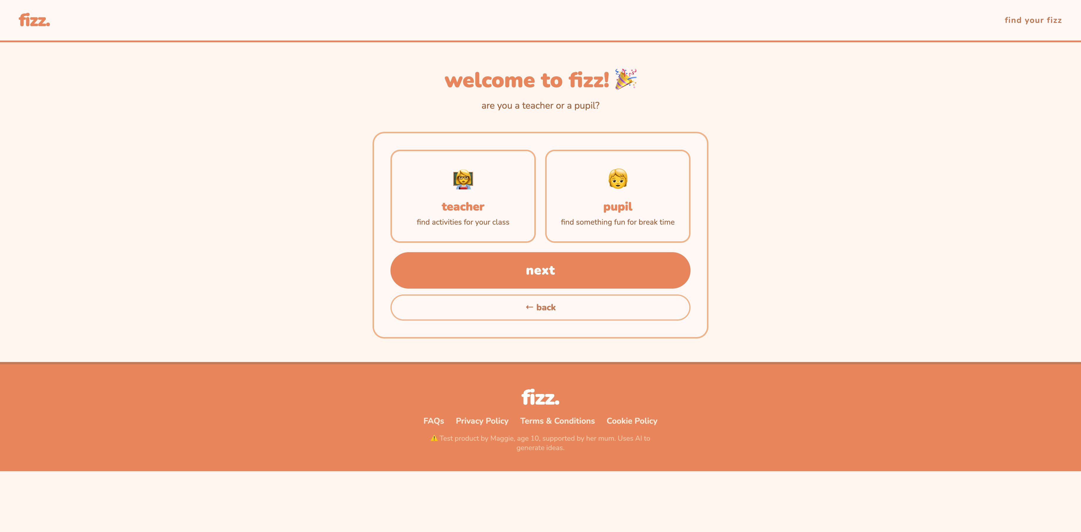 Fizz welcome screen showing teacher and pupil options